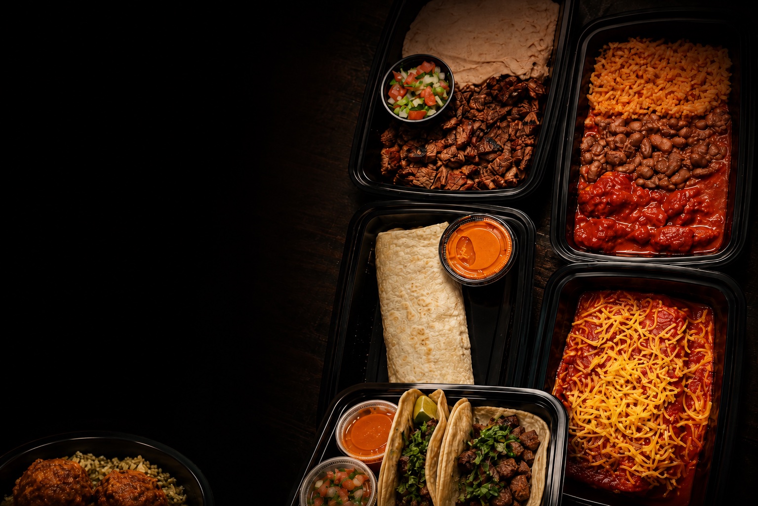Overhead view of Paz Salsa meal prep containers filled with carne asada, rice, refried beans, a folded flour tortilla, street tacos, and cheese-topped enchiladas